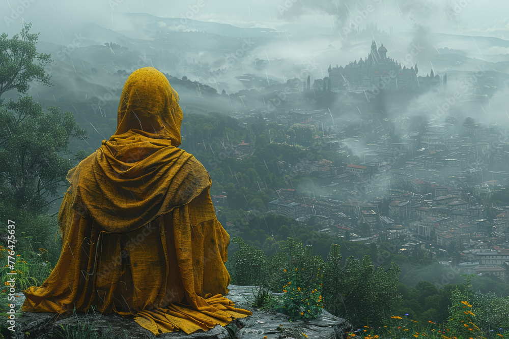 A hermit living in solitude, seeking solace in the distant hills beyond the bustling city. Concept of seclusion and introspection. Generative Ai. A hermit living in solitude, seeking solace in the distant hills beyond the bustling city. Concept of seclusion and introspection. Generative Ai.