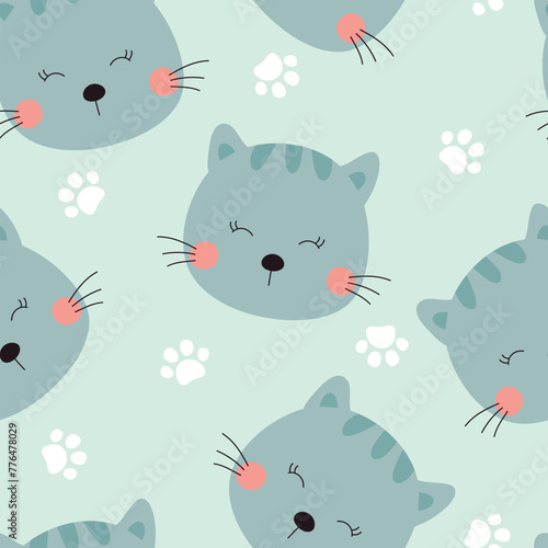 Seamless pattern with cute white cat and paw prints. Vector illustration on blue background. It can be used for wallpapers, wrapping, cards, patterns for clothing and others.