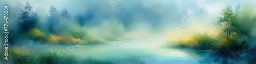 Abstract midsummer watercolor blurred landscape in blue tones. Abstract background for design, placeholder for text.  © La_Valentina