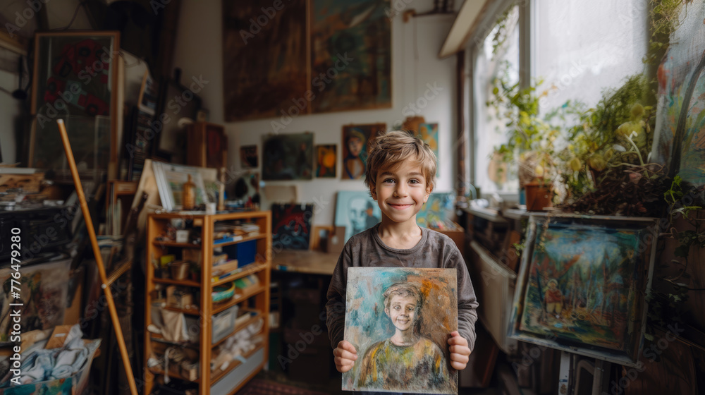Obraz premium Joyful, smiling, child showcasing a painted portrait in a sunlit art-filled room.