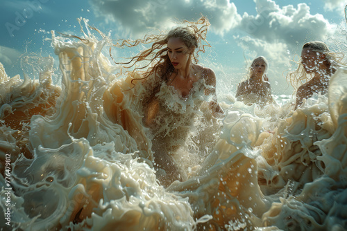 Graceful Aphrodite, the goddess of love and beauty, emerges from the foamy waves of the sea, surrounded by a retinue of adoring sea nymphs. Generative Ai.