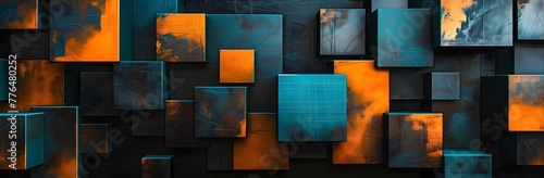 Quadratische Objekte aus Metall mit blau und Orange, Banner Hintergrund digitaler Quader photo