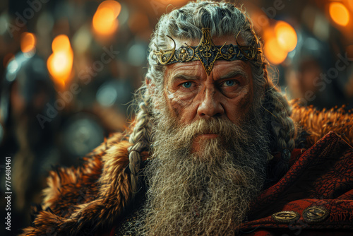 Majestic Odin, the one-eyed Allfather of Norse mythology, sits upon his throne in the great hall of Valhalla, surrounded by his warrior spirits, planning for the battle of Ragnarok. Generative Ai.