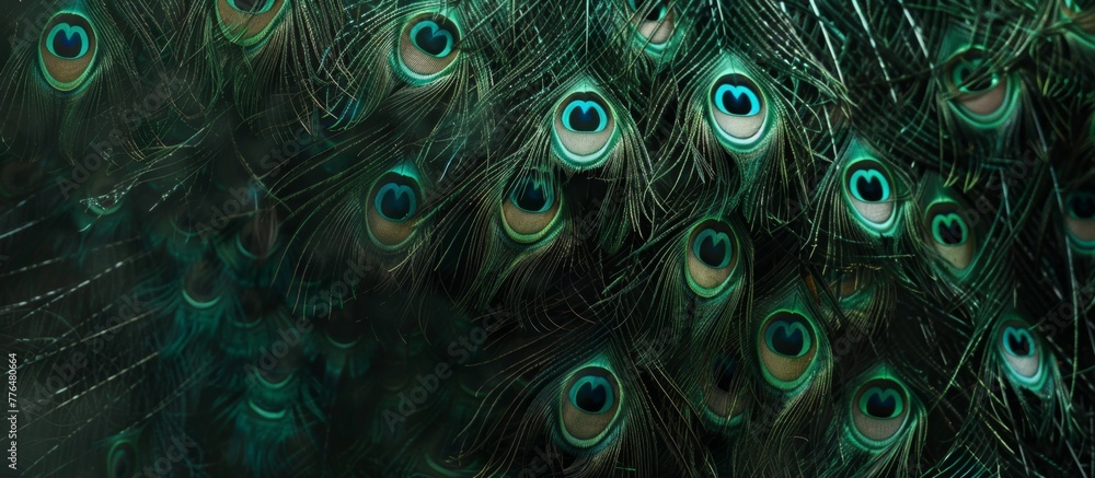 Obraz premium Close-up of vibrant peacock feathers on a dark background