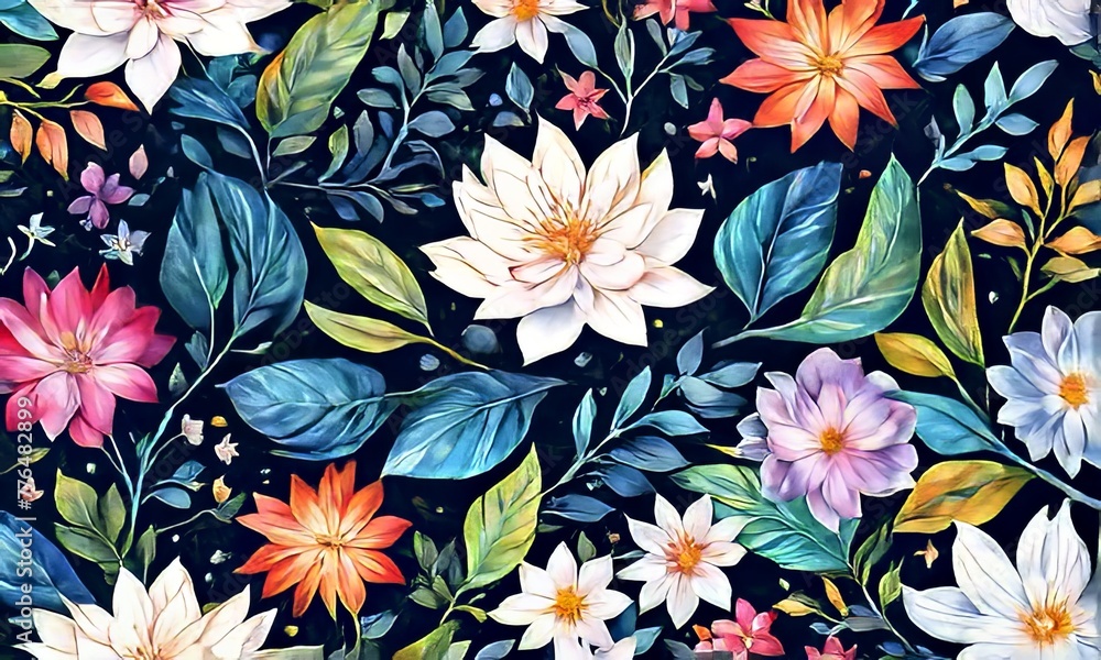 Striking, colorful flower painting with intricate details, vivid hues, beautifully contrasted against dark, black background. For interior design, textiles, clothing, gift wrapping, web design, print. Striking, colorful flower painting with intricate details, vivid hues, beautifully contrasted against dark, black background. For interior design, textiles, clothing, gift wrapping, web design, print.