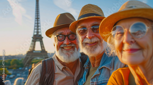 Abuelos posando para un selfie en un viaje de oferta a Francia con la torre Eiffel de fondo un día espectacularmente soleado.