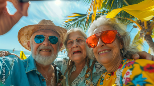 Abuelos disfrutando del verano tropical en un viaje de vacaciones con risas, cielo azul y palmeras al fondo.