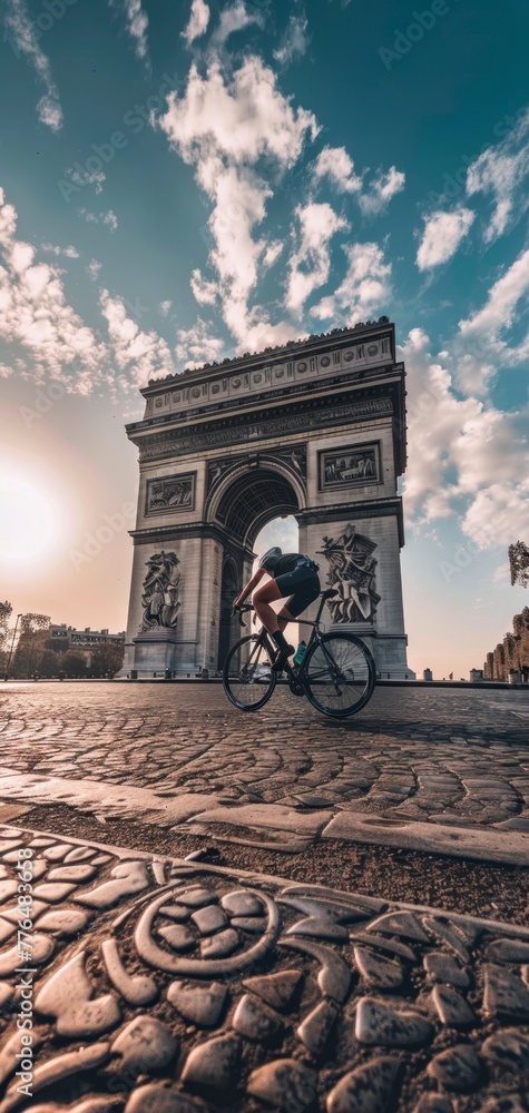 Obraz premium cyclist passing by the Arc de Triomphe