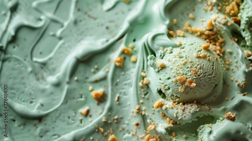 A close up of a green ice cream with nuts on top. Generative AI. © serg3d
