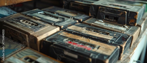 A bunch of old cassette tapes sitting on top of a table. Generative AI.