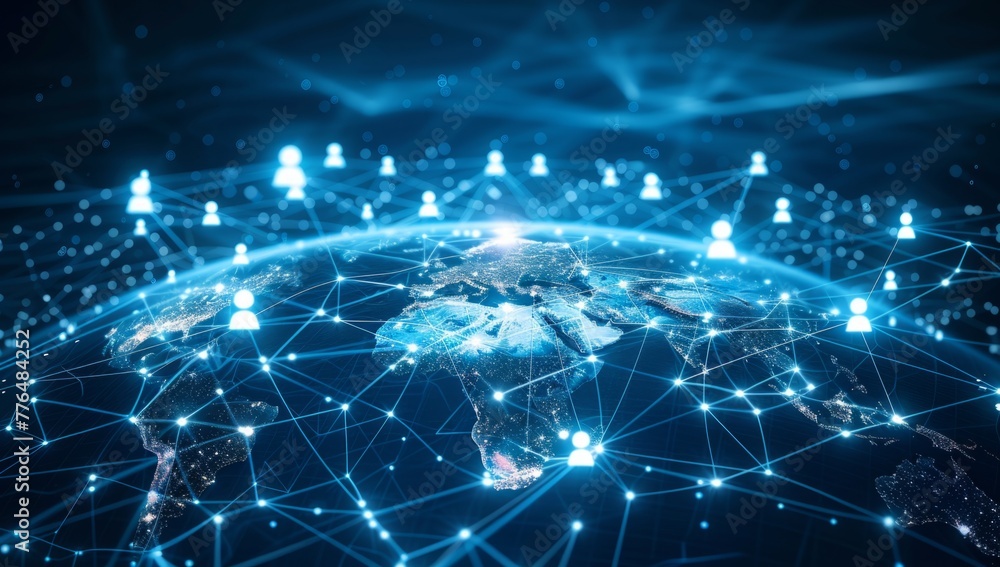 Digital technology concept with icons of people connecting across the earth, illustrating global network and connectivity in social media or digital marketing Generative AI Digital technology concept with icons of people connecting across the earth, illustrating global network and connectivity in social media or digital marketing Generative AI