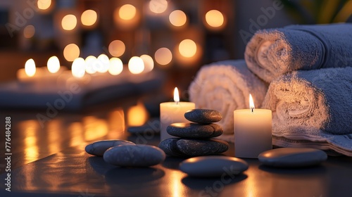 A massage table in a spa salon is adorned with burning candles, smooth stones, and a fluffy towel, creating a serene atmosphere for relaxation and rejuvenation.