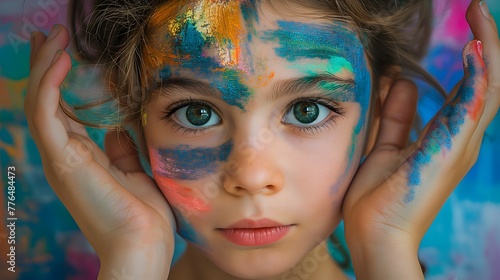 Kleines Mädchen mit Farbe vollgemalt, Farbenfrohes Portrait, Fingerfarben photo