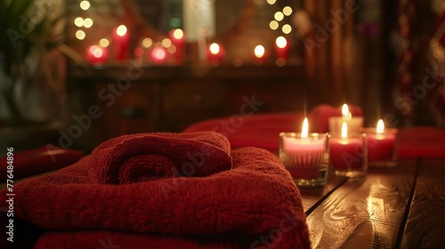 The wellness and spa concept features candles, red towels, and a portion of a massage table, creating a soothing and inviting atmosphere for relaxation and rejuvenation.