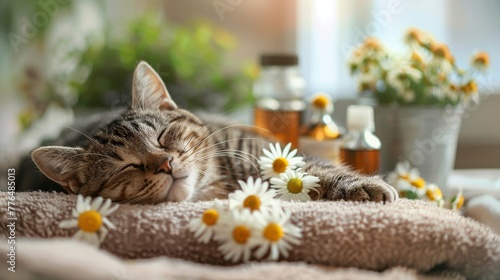 In the image, a sleeping cat rests peacefully on a massage towel. In the foreground, there are bottles of aromatic oil and chamomile flowers, evoking a sense of relaxation and tranquility. 