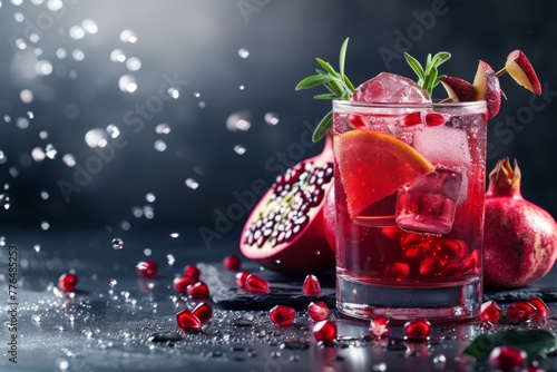 Vibrant pomegranate juice cocktail with exotic fruits and spices
