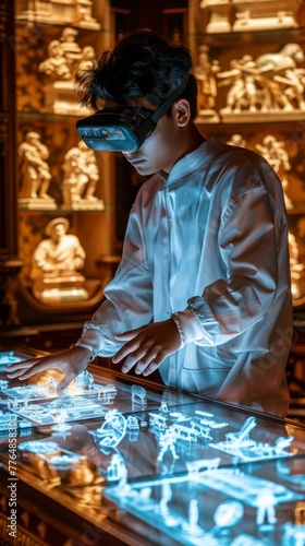 A man in vr goggles looking at a display of ancient artifacts. Generative AI.