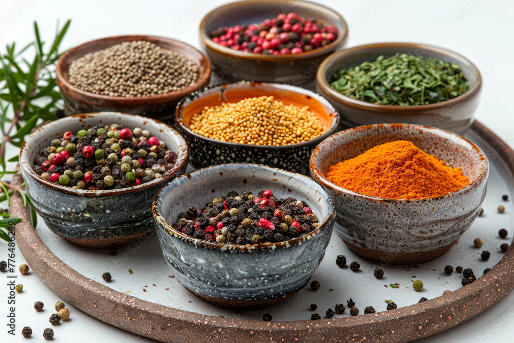 Various colorful spices in small bowls isolated on a white background. Concept of culinary diversity. Generative Ai.