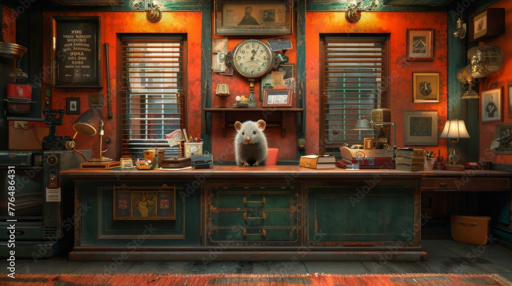 A rat is sitting on a desk in an office with clocks and pictures. Generative AI. A rat is sitting on a desk in an office with clocks and pictures. Generative AI.