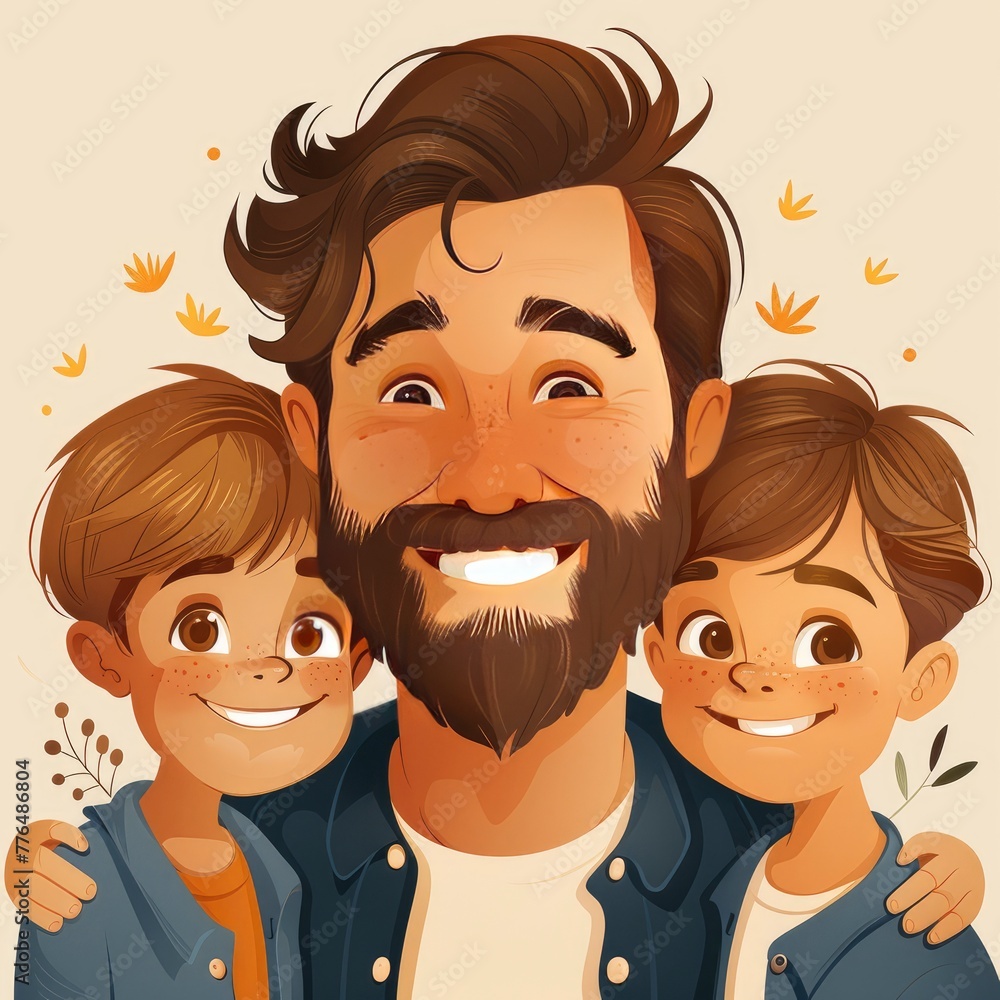 a vector illustration of dad with his two sons smiling in the style of editorial cartooning, simplified line work, humor meets heart, bold graphic illustrations, flat color blocks - generative ai a vector illustration of dad with his two sons smiling in the style of editorial cartooning, simplified line work, humor meets heart, bold graphic illustrations, flat color blocks - generative ai