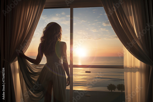 Happy woman opening curtains on big panoramic window at the morning. Young woman getting up enjoying of sunny day holiday vacation morning. Modern hotel, morning lifestyle concept. Generative AI © Ibnu
