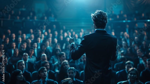 man in a suit giving a speach in a auditorio full of men with suits photo