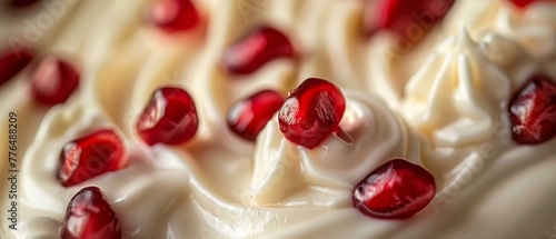 A close up of a white cake with red pomegranate seeds. Generative AI.