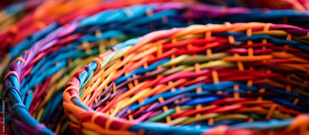 A close-up view of a woven basket displaying an array of differently colored handles, offering a vibrant and diverse selection for carrying. A close-up view of a woven basket displaying an array of differently colored handles, offering a vibrant and diverse selection for carrying.