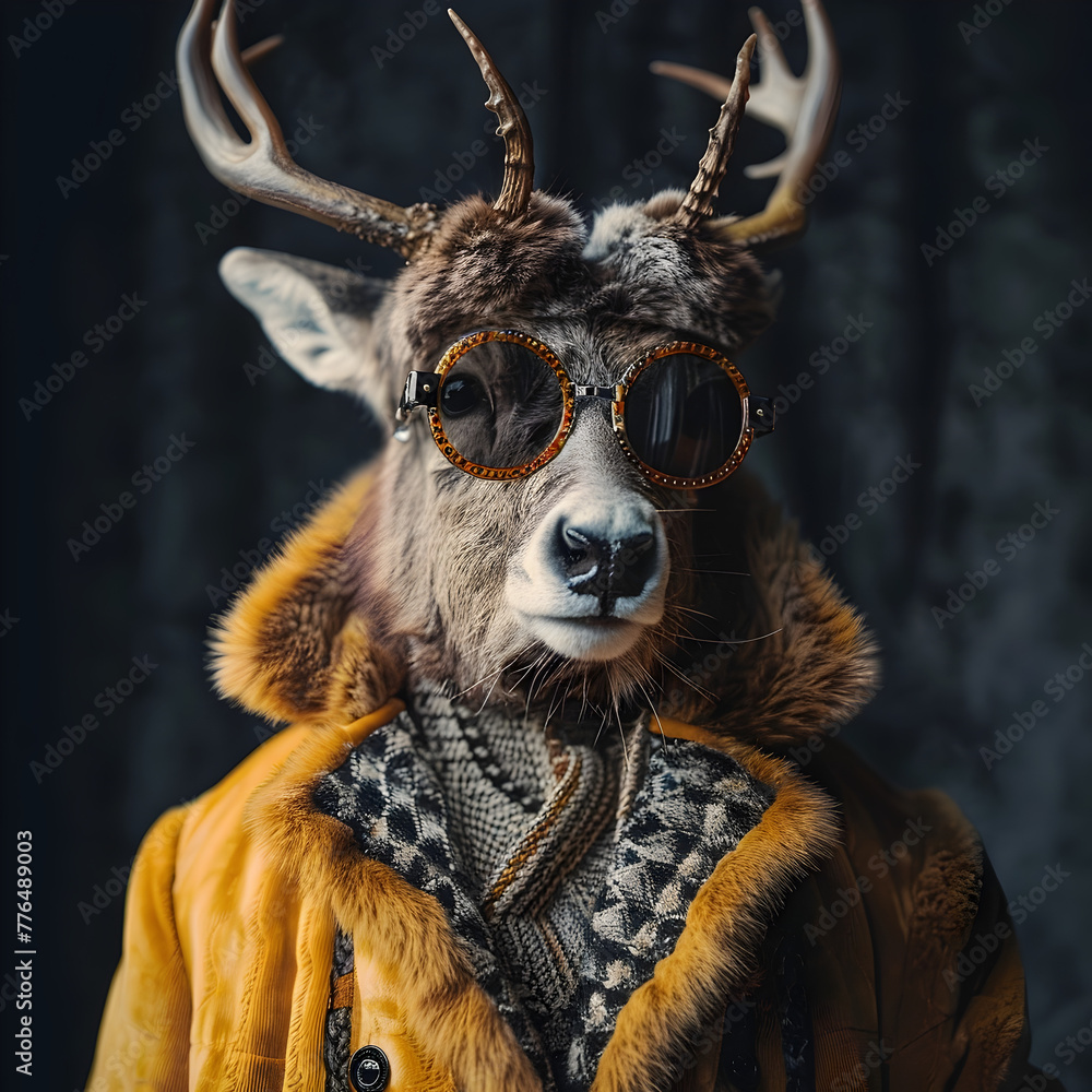Naklejka premium Stylish Anthro Reindeer in Trendy Fashion Attire and Sunglasses Captured with a Dynamic Low Angle Magazine Style Composition