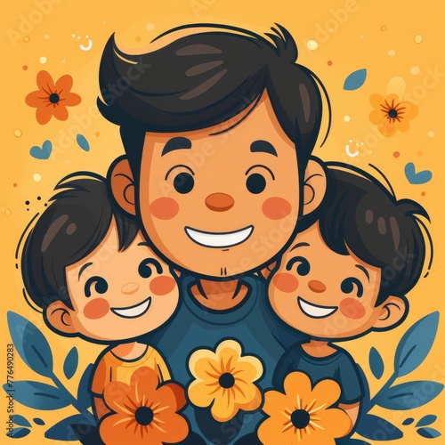 a vector illustration of dad with his two sons smiling in the style of editorial cartooning  simplified line work  humor meets heart  bold graphic illustrations  flat color blocks - generative ai