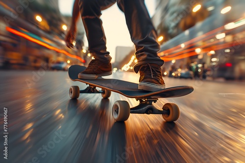 Dynamische Aufnahme eines Skateboarders auf den Straßen einer großen Stadt, Action und Geschwindigkeit © GreenOptix