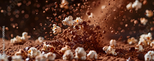 Eruption of Chocolaty Popcorn Explosion Capturing the Dynamic Blend of Cocoa and Kernels in Motion photo