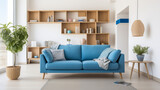 Modern Living Room with Blue Sofa and Shelving Units