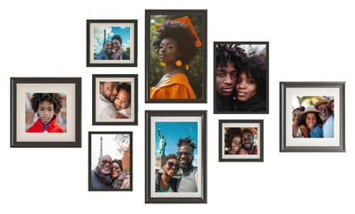 Set of different sizes of photography frames with African American family photos. Isolated on white transparent background