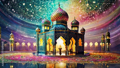 A mystical mosque adorned with intricate designs, illuminated under a celestial sky reflecting on serene waters