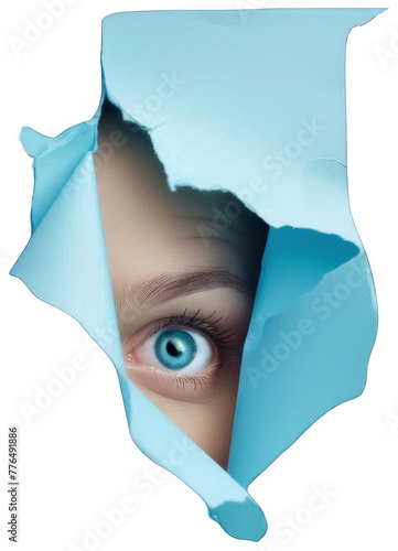 Womans Eye Peeking Through Blue Wall. Transparent Background PNG photo