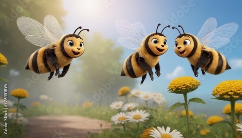 The image depicts three happy bees flying over a flower field.