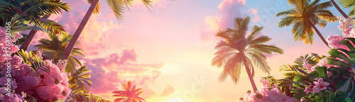 Panoramic summer view with palm trees with pink flowers over pink cloudy sunset