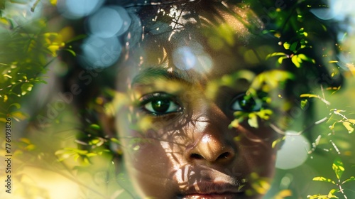 Double exposure of a black child and nature. Earth day concept