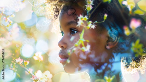 Double exposure of a black child and nature. Earth day concept photo