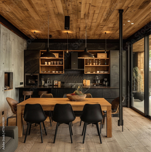 black and wood cabin interior lights and chairs  designer dinner table chairs  bright  natural leather  cement wall  pine wood yellow flooring  open plan kitchen with pine wood shelves  cabinets