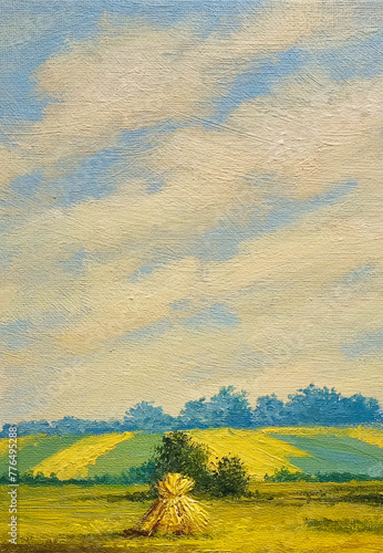 Oil paintings rustic landscape, fine art. Summer rural landscape, sheaves of wheat 