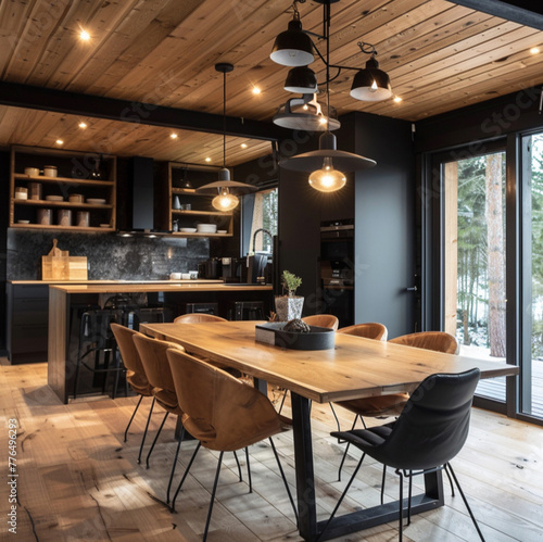 black and wood cabin interior lights and chairs, designer dinner table chairs  bright, natural leather, cement wall, pine wood yellow flooring, open plan kitchen with pine wood shelves, cabinets © Kholoud