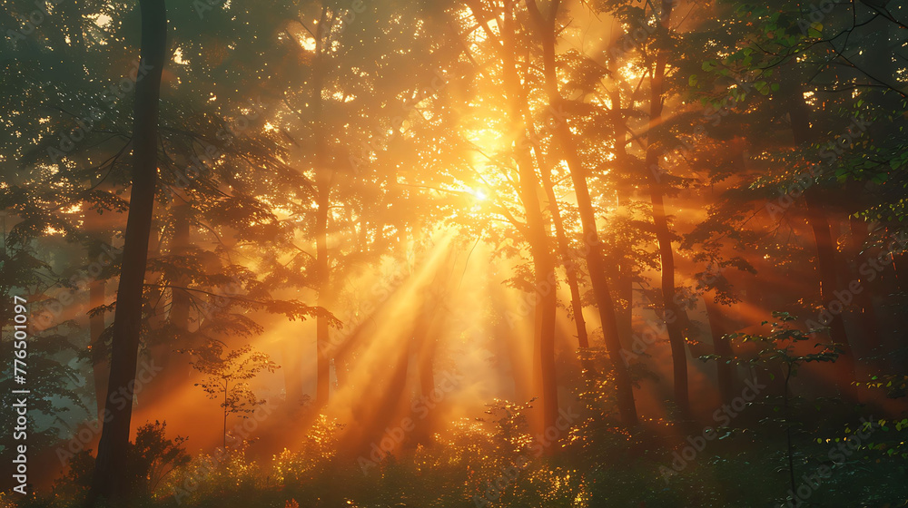 Sun rays piercing through dense forest canopy at sunrise - the magic of dawn