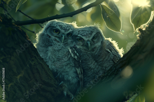 Cute little owlets nestled in the branches of a towering tree in a dense forest, their downy feathers ruffled by the gentle breeze, captured with HD precision photo