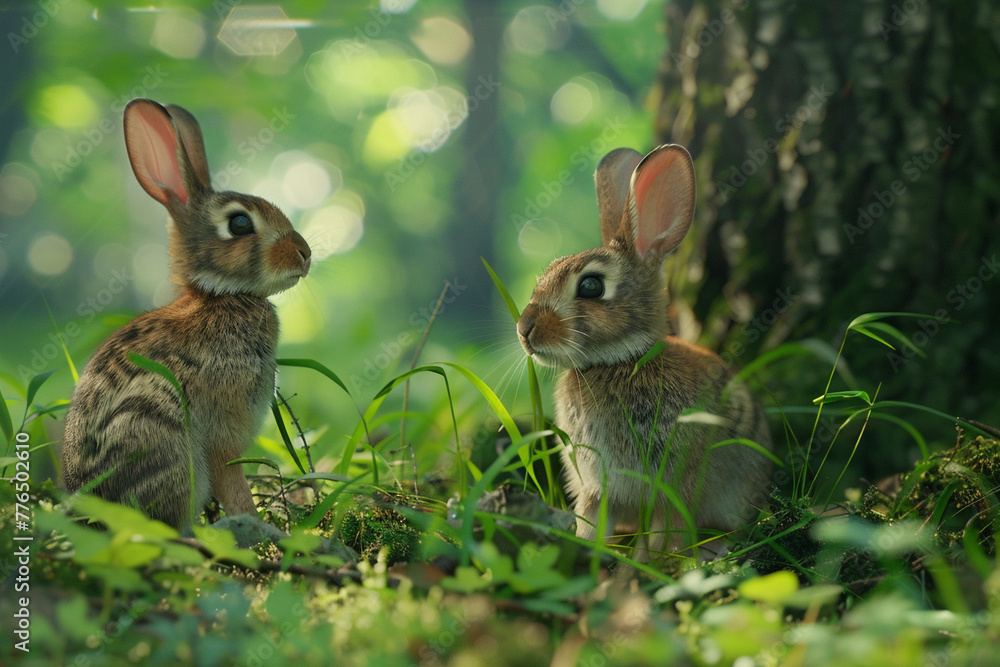 Delightful little rabbits munching on tender green grass in a lush forest meadow, their twitching noses and floppy ears captured in crisp HD imagery