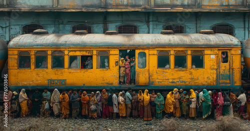 Indischer Bahnhof, Überfüllter Bahnsteig und Züge, Konzept überlastete Infrastruktur in Indien photo