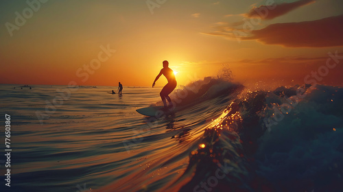 Surfers catching waves at dusk