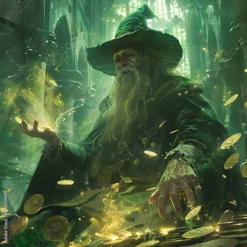 Wizard s Enchanted Economic Summit Forecasting Markets with Mystical Spells and Floating Coins in Verdant Forest Landscape