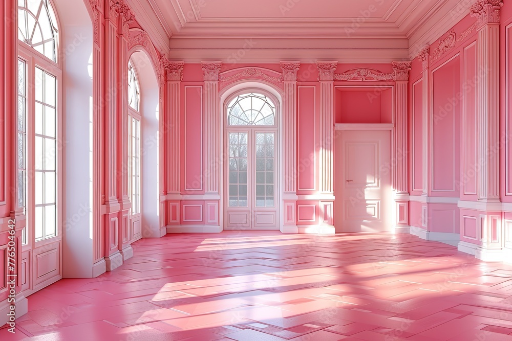 pink room with a large window and gleaming white floorboards, creating a soothing and elegant ambiance pink room with a large window and gleaming white floorboards, creating a soothing and elegant ambiance
